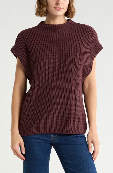 Mock Neck Cap Sleeve Cotton Blend Sweater