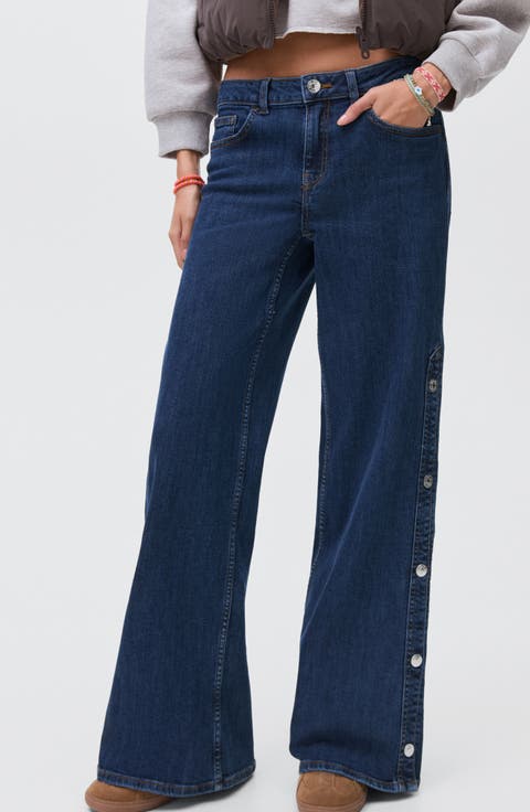 Snap Accent Wide Leg Jeans