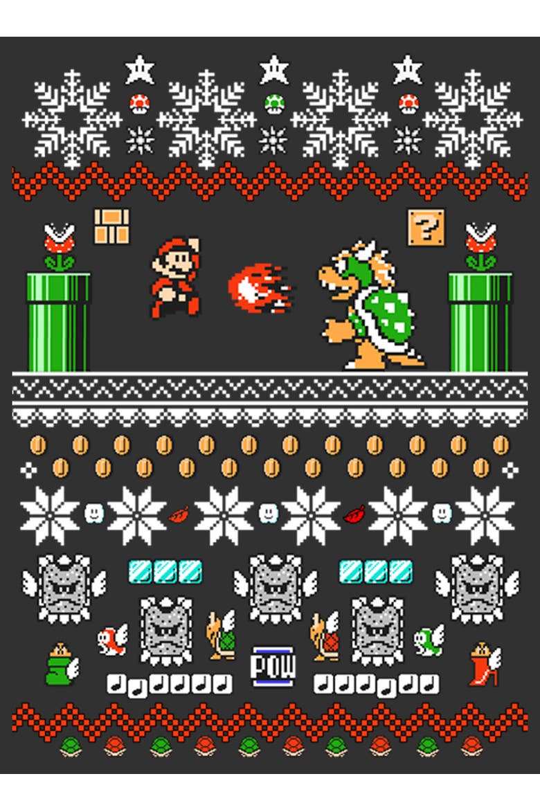 Boy's Nintendo Mario and Bowser Ugly Christmas Sweater  Graphic T-Shirt, Alternate, color, Charcoal Heather
