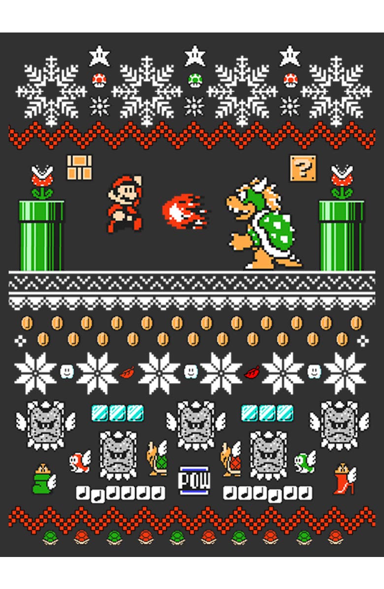 NINTENDO Boy's Nintendo Mario and Bowser Ugly Christmas Sweater  Graphic T-Shirt, Alternate, color, Charcoal Heather