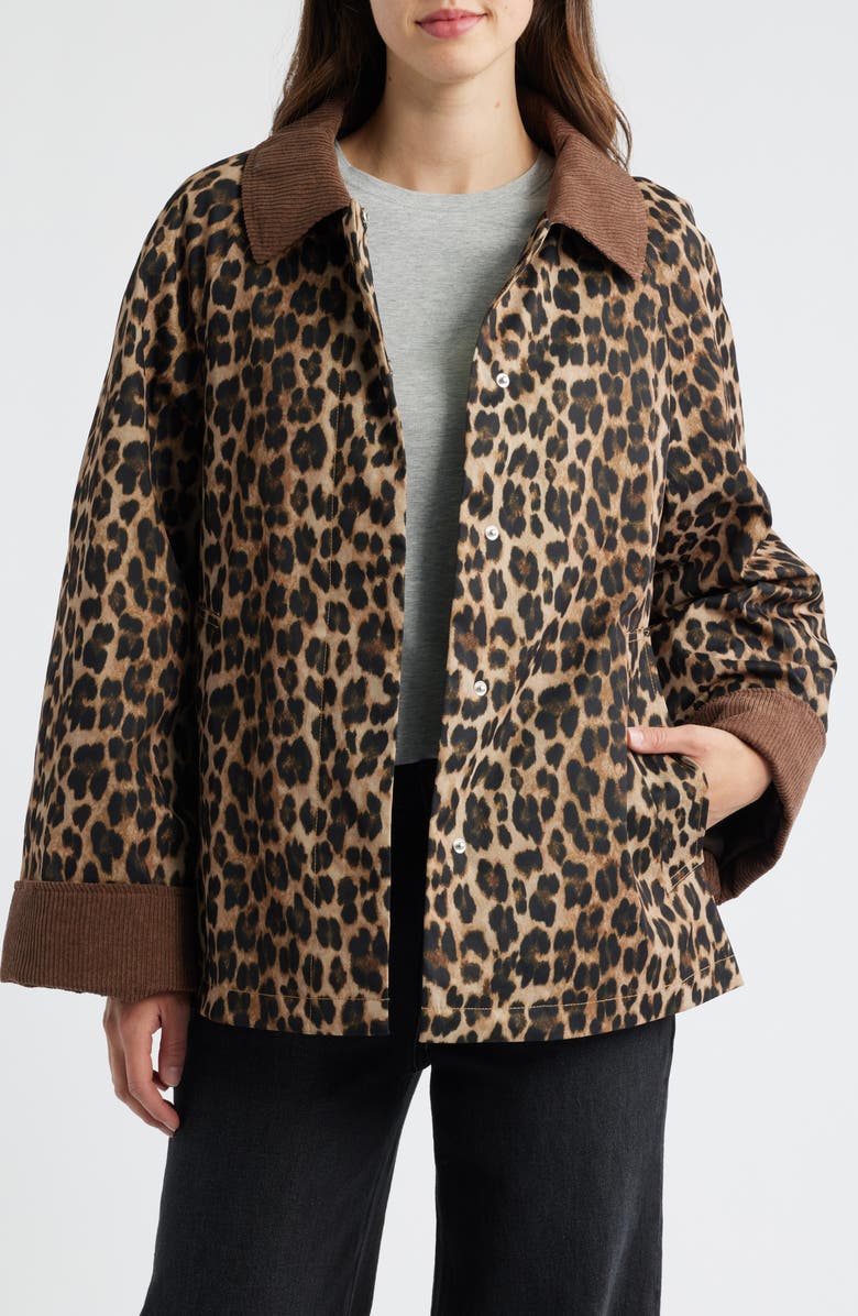 Sam Edelman Corduroy Trim Rain Jacket, Alternate, color, Leopard