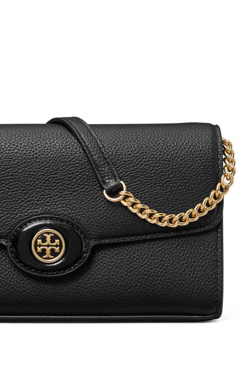 Tory Burch Robinson Pebble Leather Wallet On A Chain In Black/black