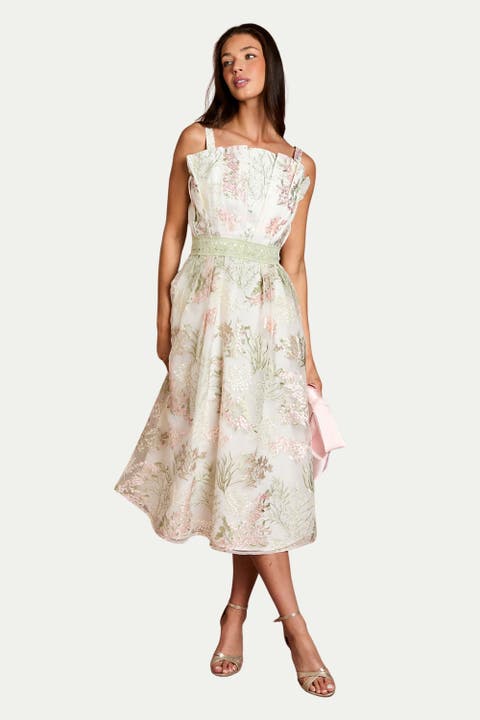 Fan Bodice Embroidered Mesh Midi Dress