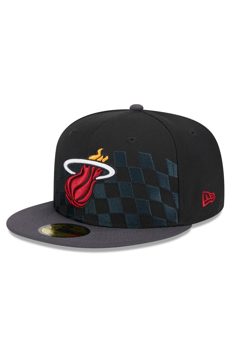 New Era Men's New Era Black Miami Heat Rally Drive Checkerboard 59FIFTY Crown Fitted Hat, Alternate, color, Black