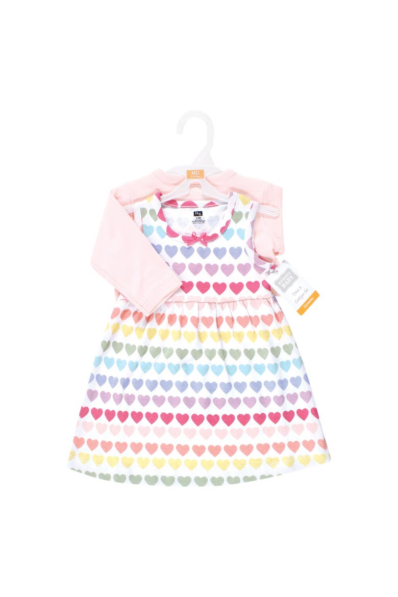 Two-Piece Cotton Dress and Knit Cardigan Set, Alternate, color, Cascading Hearts