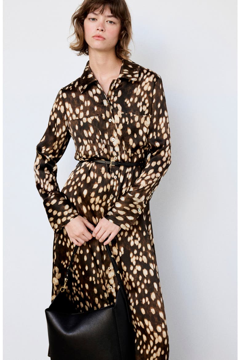 Printed Belted Long Sleeve Shirtdress, Alternate, color, BROWN