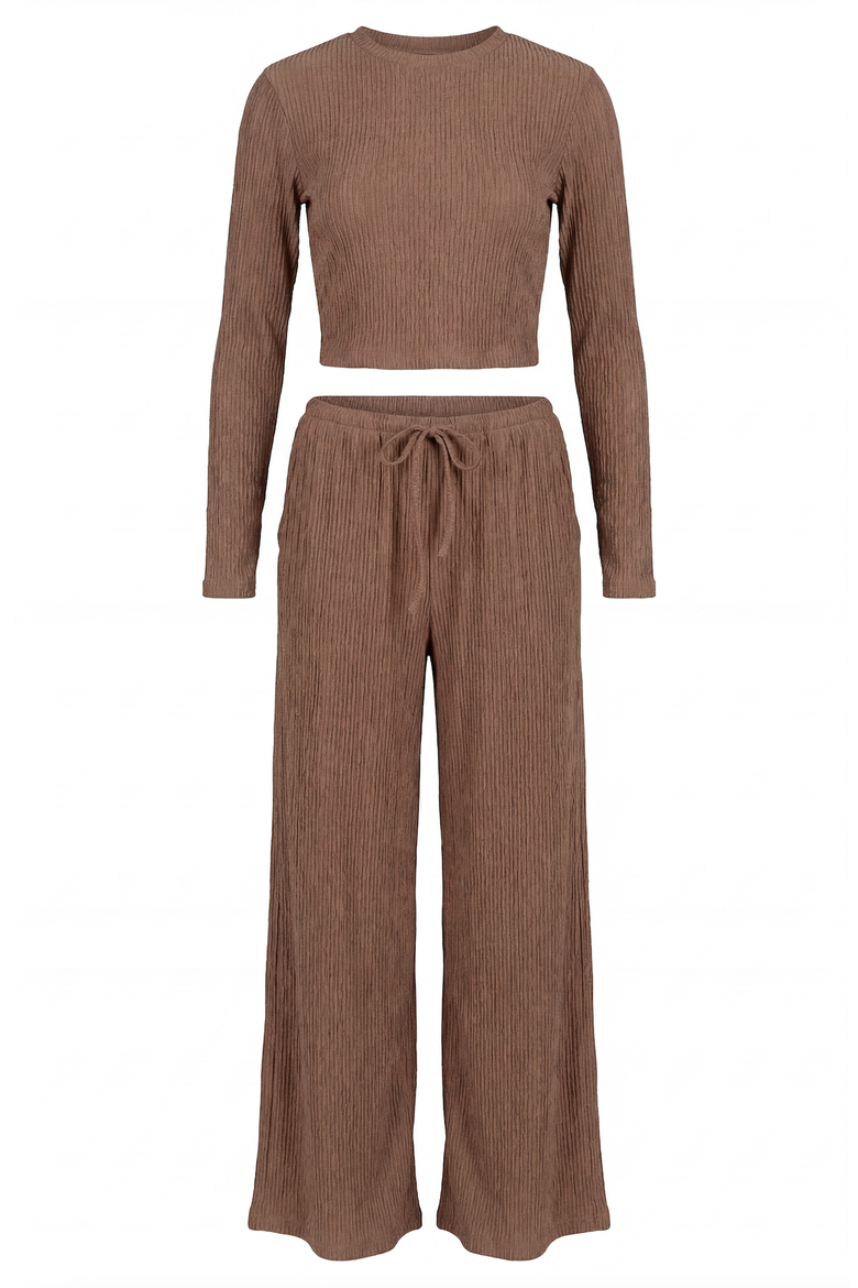 Ribbed Long Sleeve Crop Top and Wide Leg Lounge Pants Set with Drawstring, Alternate, color, Brown