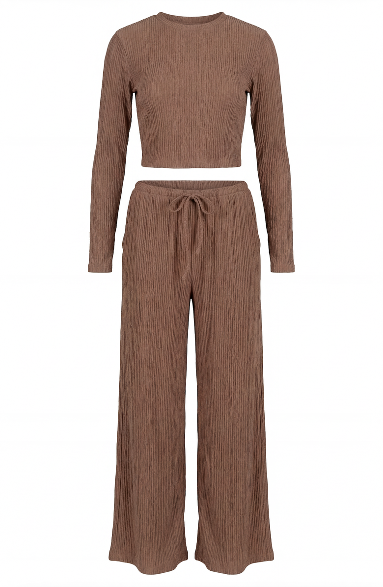 Modenaire Ribbed Long Sleeve Crop Top and Wide Leg Lounge Pants Set with Drawstring, Alternate, color, Brown