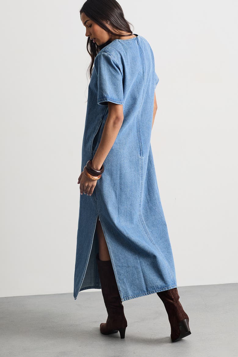 Petite Denim Side Split Midi Dress, Alternate, color, Dark Wash