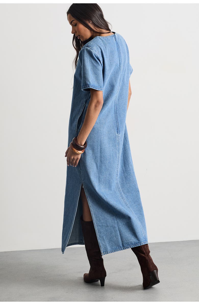 Warehouse Petite Denim Side Split Midi Dress, Alternate, color, Dark Wash