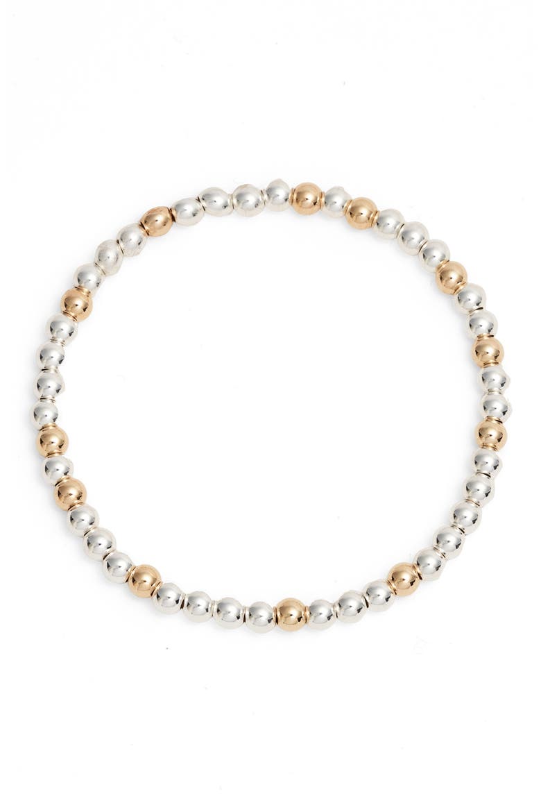 Mixed Metal Bead Stretch Bracelet, Main, color, STERLING SILVER