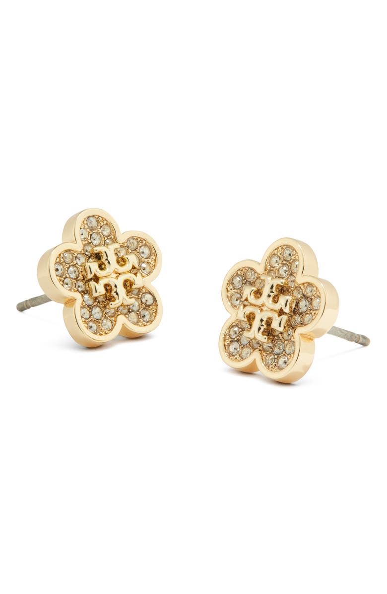 Tory Burch Forget Me Not Pavé Stud Earrings, Alternate, color, Tory Gold / Crystal