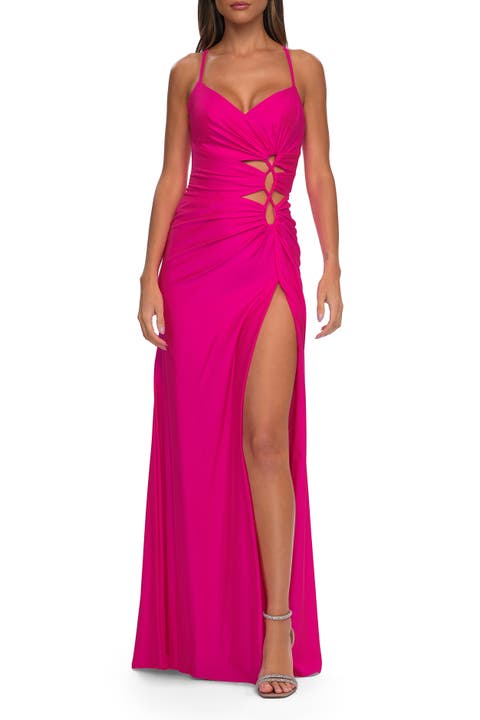 Jersey Long Prom Dress with Trendy Waist Cutouts in Neon
