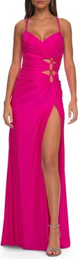 La Femme Jersey Long Prom Dress with Trendy Waist Cutouts in Neon