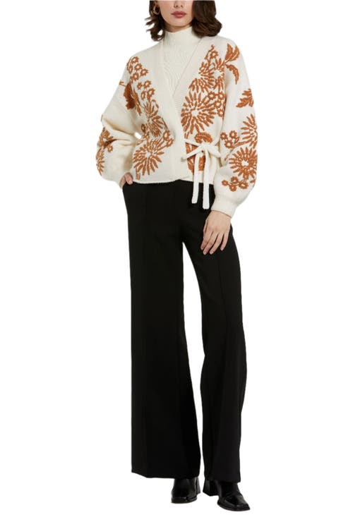Mac Duggal Cropped Knit Cardigan With Floral Details In Ecru