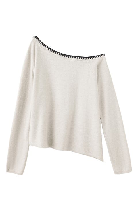 Asymmetrical Off the Shoulder Cotton Blend Sweater