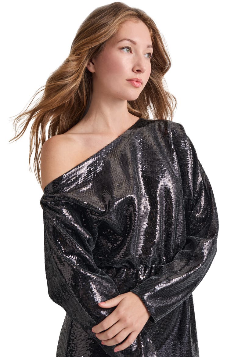 Sequin Novelty One-Shoulder Long Sleeve Dress, Alternate, color, BLACK