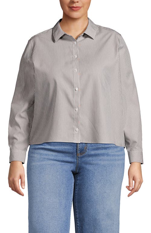Lands' End Plus Size No Iron Boxy Cropped Shirt In Dark Jute Brown Mini Stripe