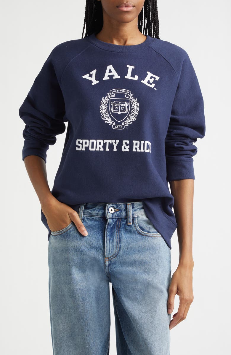 Sporty & Rich Veritas Crewneck Sweatshirt, Main, color, Dark Navy