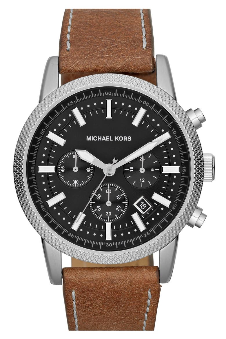 Michael Kors 'Scout' Chronograph Leather Strap Watch, 43mm, Main, color, LUGGAGE/ SILVER