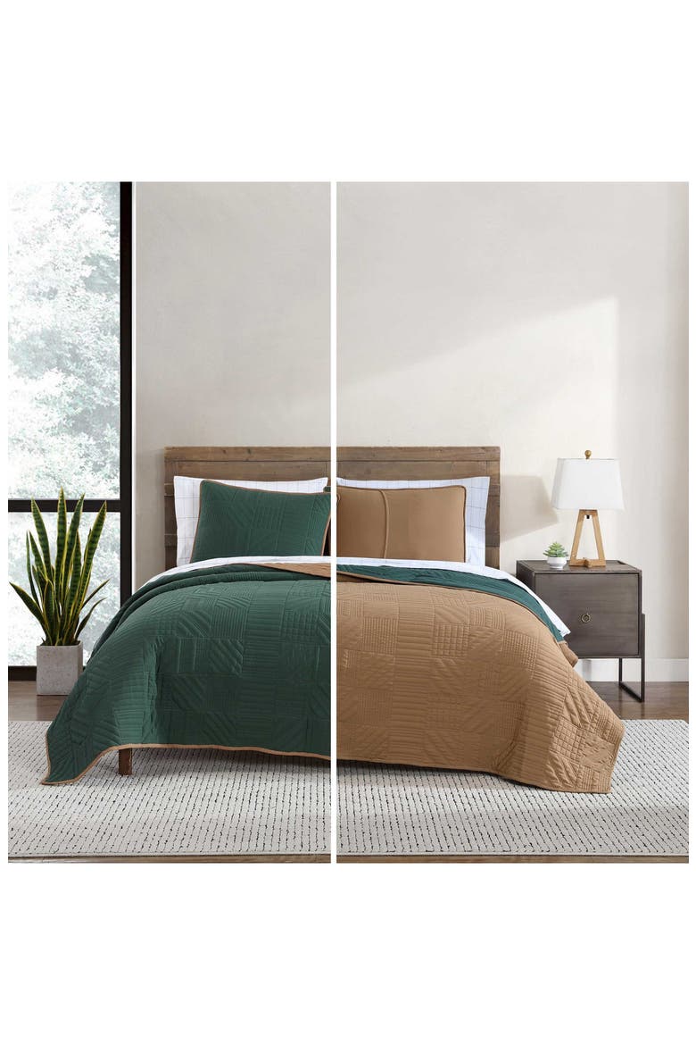 Solid Washed Microfiber Quilt Set, Alternate, color, EVERGREEN/ BROWN