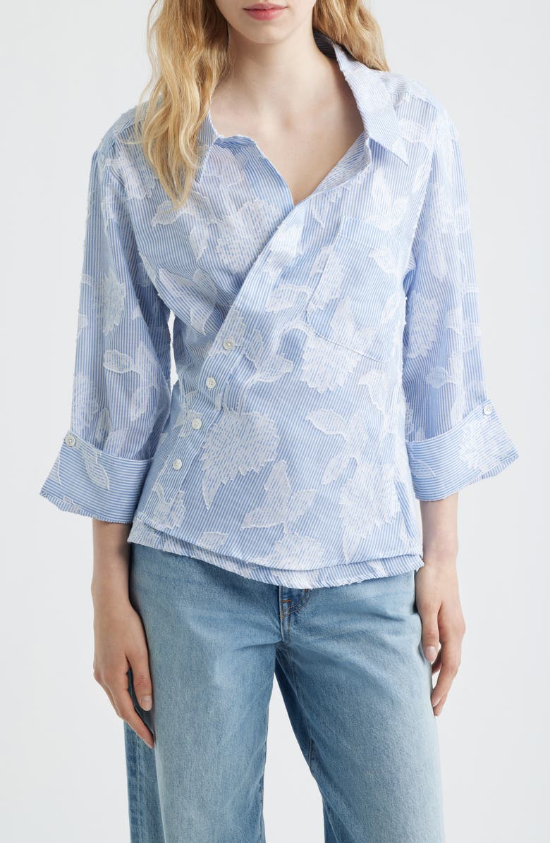 CISSA Floral Appliqué Stripe Cotton Blend Wrap Shirt, Main, color, Botanic Overlay
