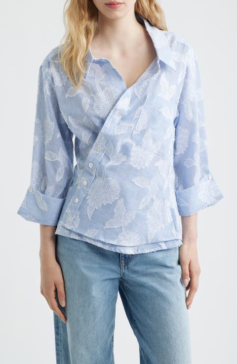 Floral Appliqué Stripe Cotton Blend Wrap Shirt