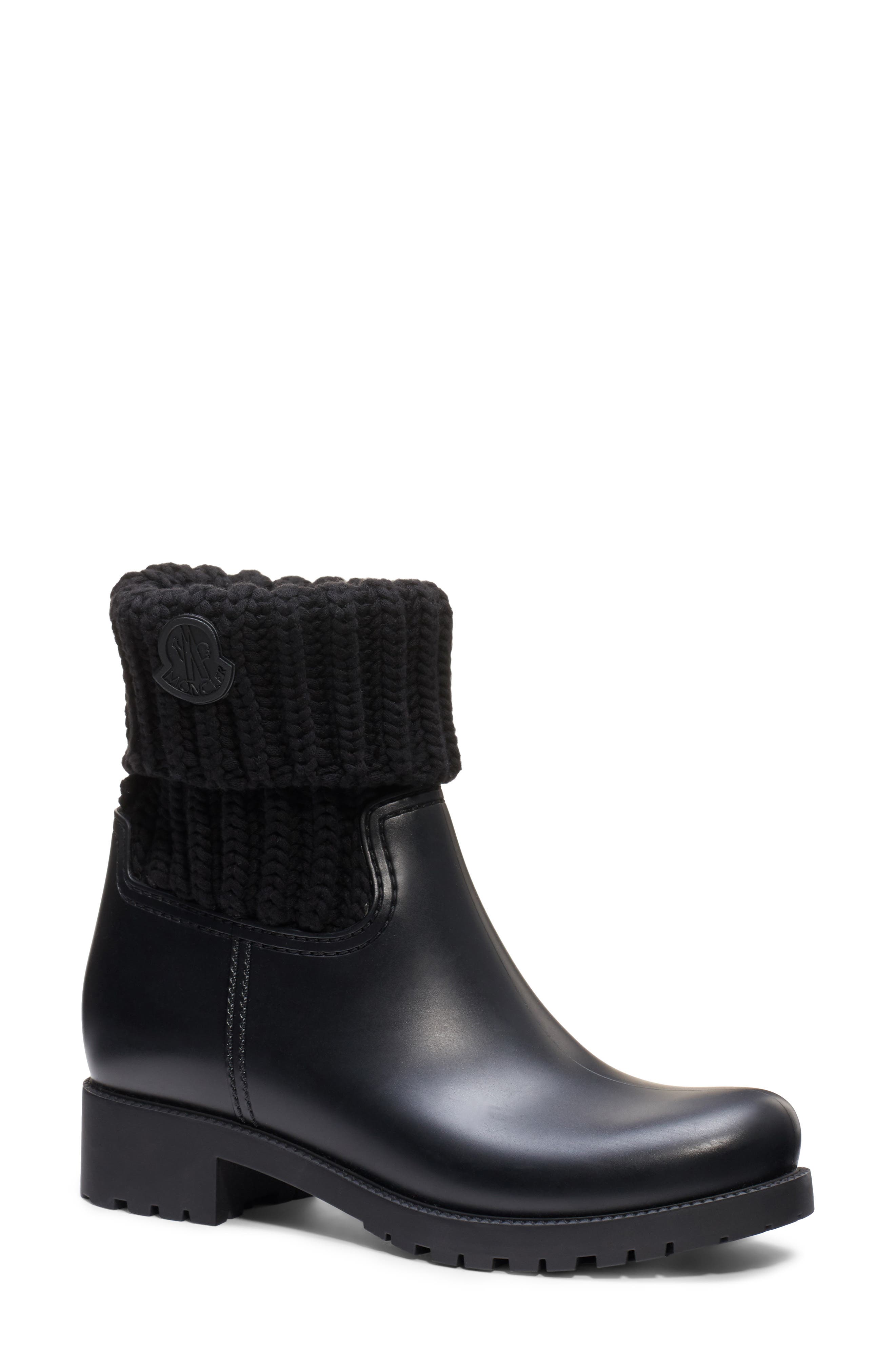 Ginette Knit Cuff Leather Rain Boot, Main, color, BLACK