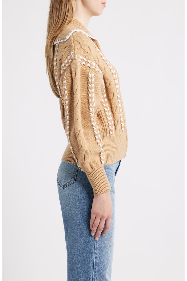 Lune Whipstitch Detail Cotton Blend Bomber Sweater, Alternate, color, CAMEL IVORY BLANKET