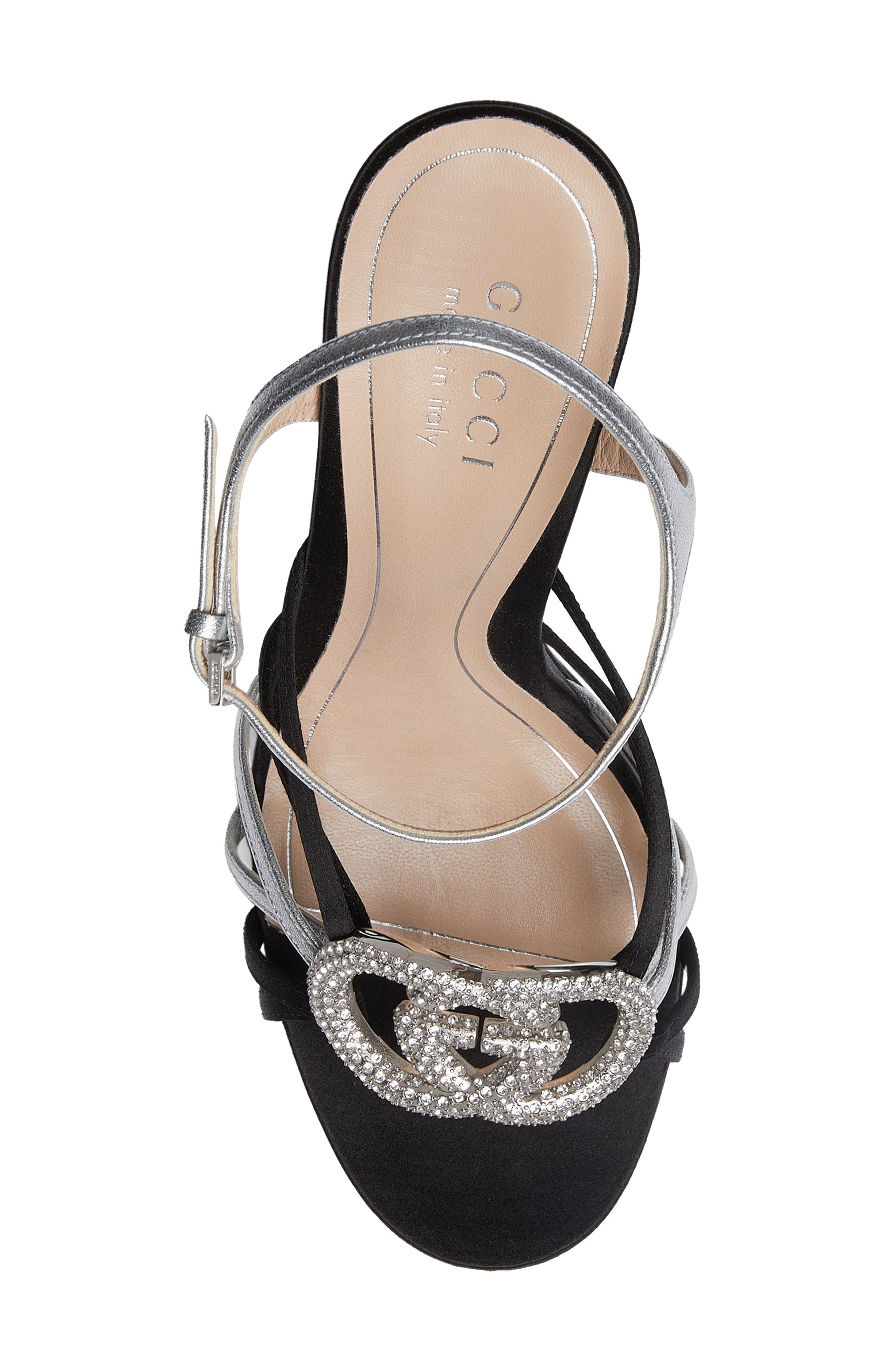 Gucci Alicia Crystal Interlocking-G Ankle Strap Sandal, Alternate, color, Black