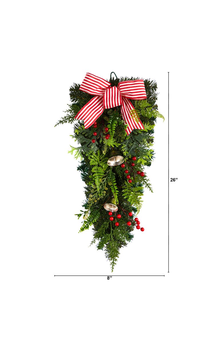 NEARLY NATURAL 26-in Holiday Christmas Bells and Bow Artificial Swag, Alternate, color, Green