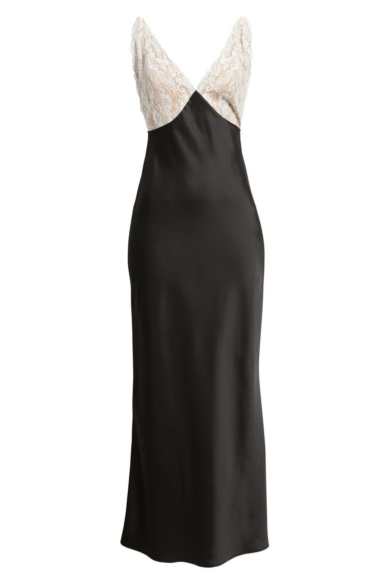 Ottilie Lace Bodice Open Back Satin Gown, Alternate, color, BLACK