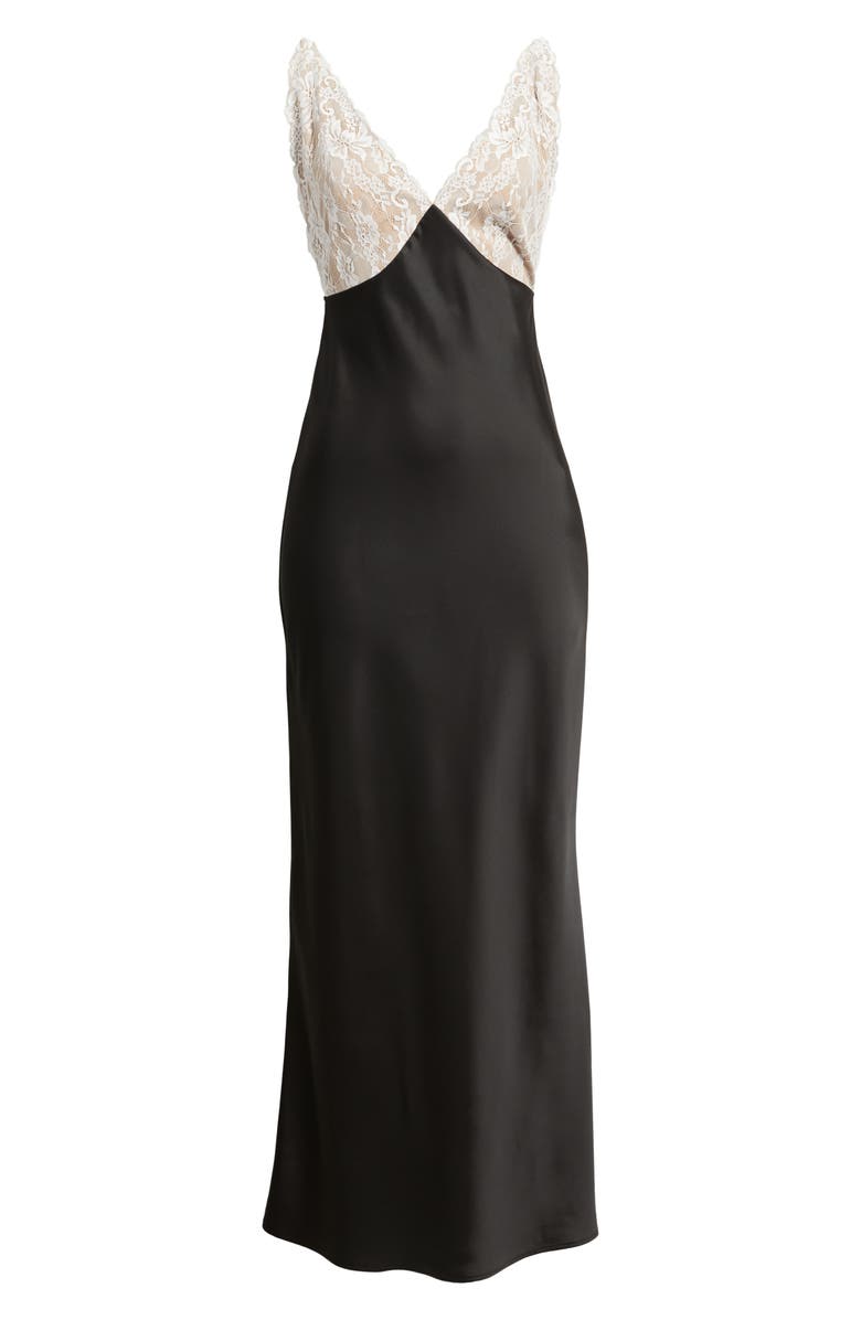 WAYF Ottilie Lace Bodice Open Back Satin Gown, Alternate, color, Black