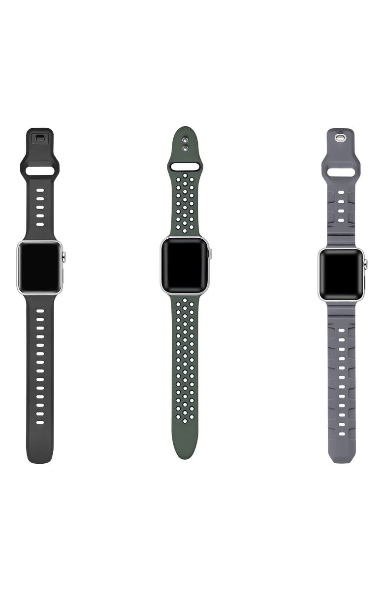 The Posh Tech Assorted 3-Pack Silicone Apple Watch<sup>®</sup> Watchbands, Alternate, color, Black/ Green/ Grey