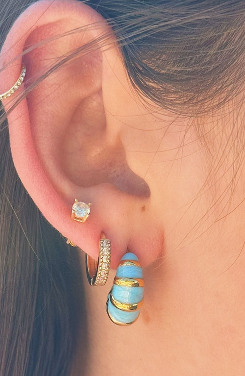Little Sky Stone Croissant Blue Enamel Hoop Earrings In Blue