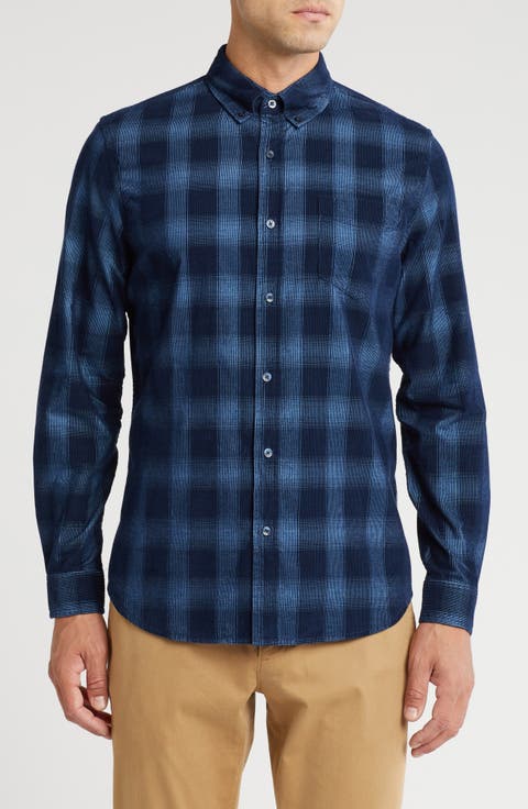 Ombré Check Corduroy Flannel Button-Up Shirt