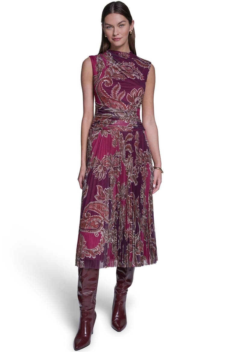 Sleeveless Paisley Printed Mesh Dress, Main, color, Deep Plum/Berry Multi