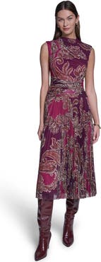 HALSTON Sleeveless Paisley Printed Mesh Dress