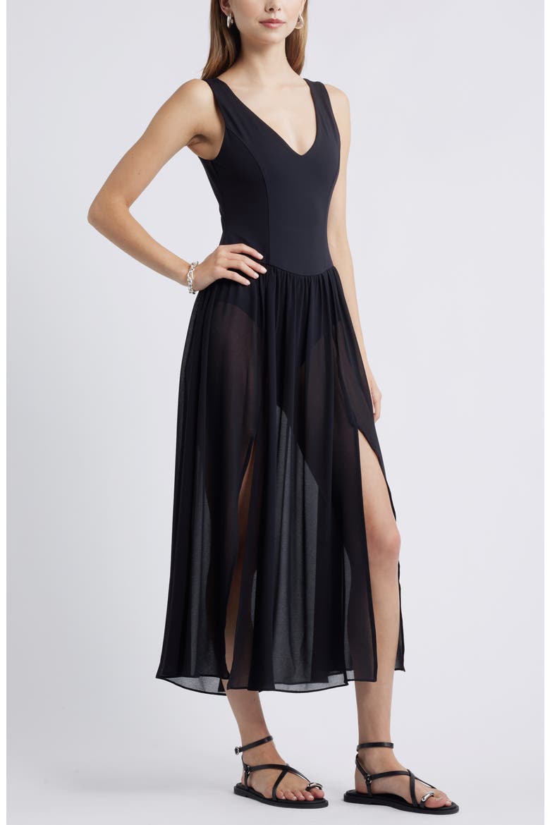 Mixed Media Side Slit Tank Dress, Alternate, color, BLACK
