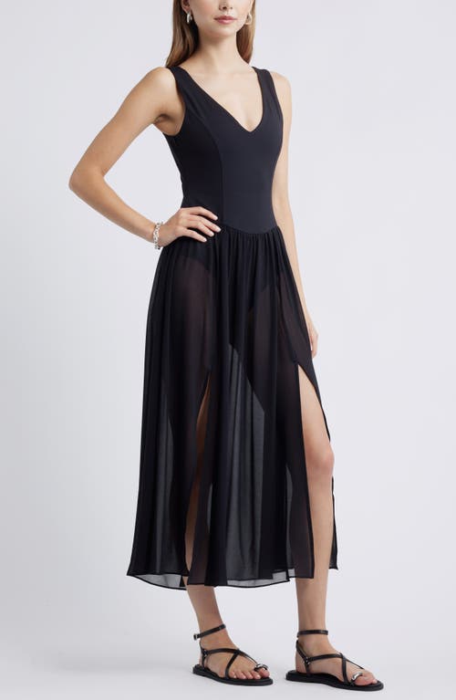 Open Edit Mixed Media Side Slit Tank Dress In Black