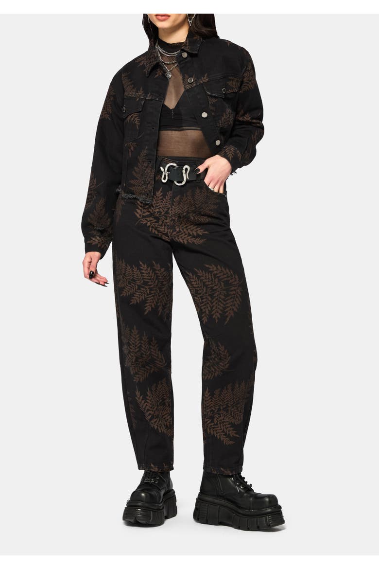 Ruin Fern Printed Barrel Leg Denim Jeans, Alternate, color, Black