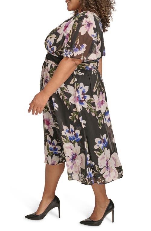 Calvin Klein Plus Size Floral-print Flutter-sleeve Chiffon Dress In Black Multi