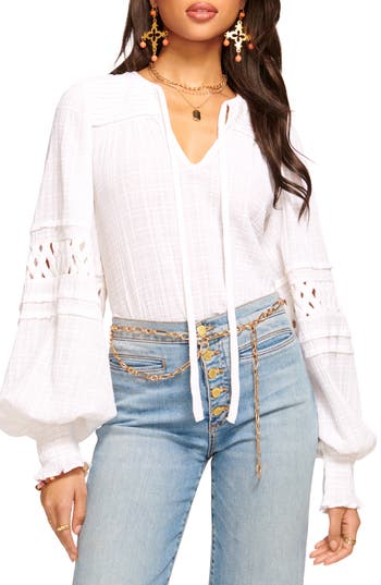 Ramy Brook Mika Tie Neck Lattice Inset Blouse In White