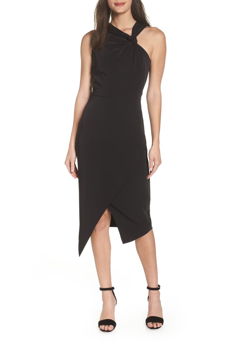 Twist Front Asymmetrical Cocktail Dress, Main, color, BLACK