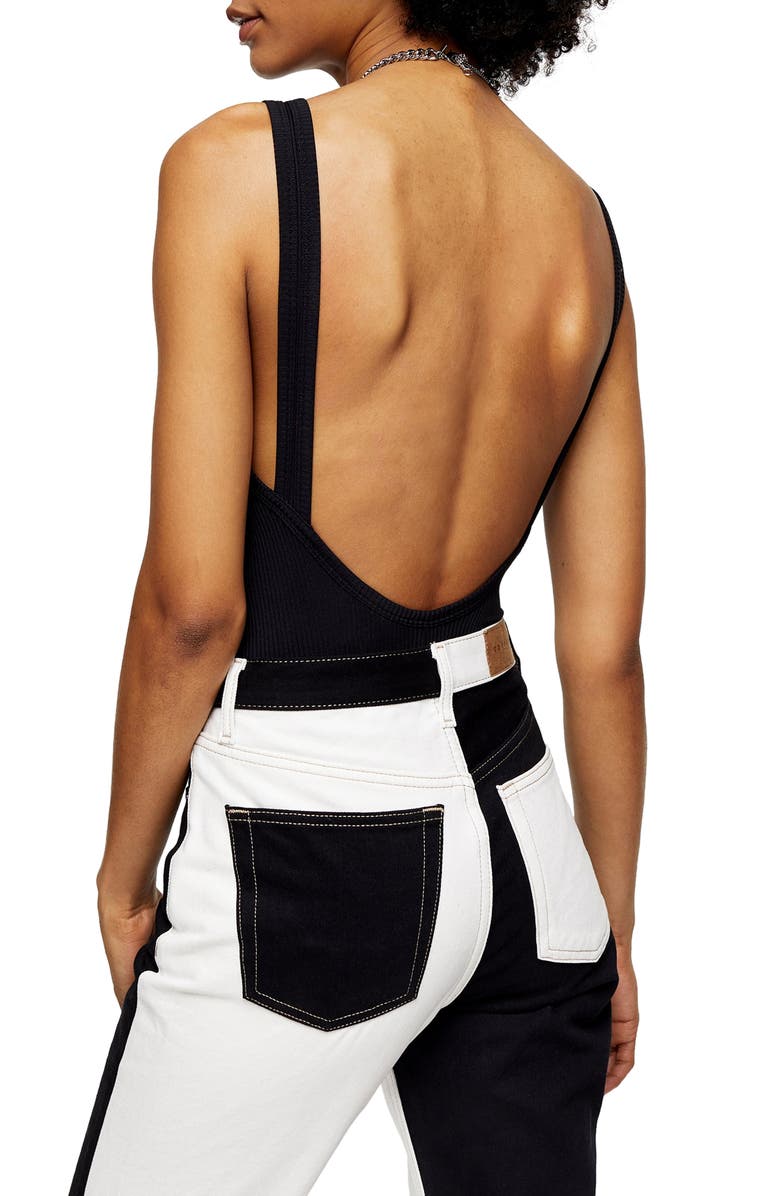 Topshop Ribbed Scoop Back Thong Bodysuit, Alternate, color,