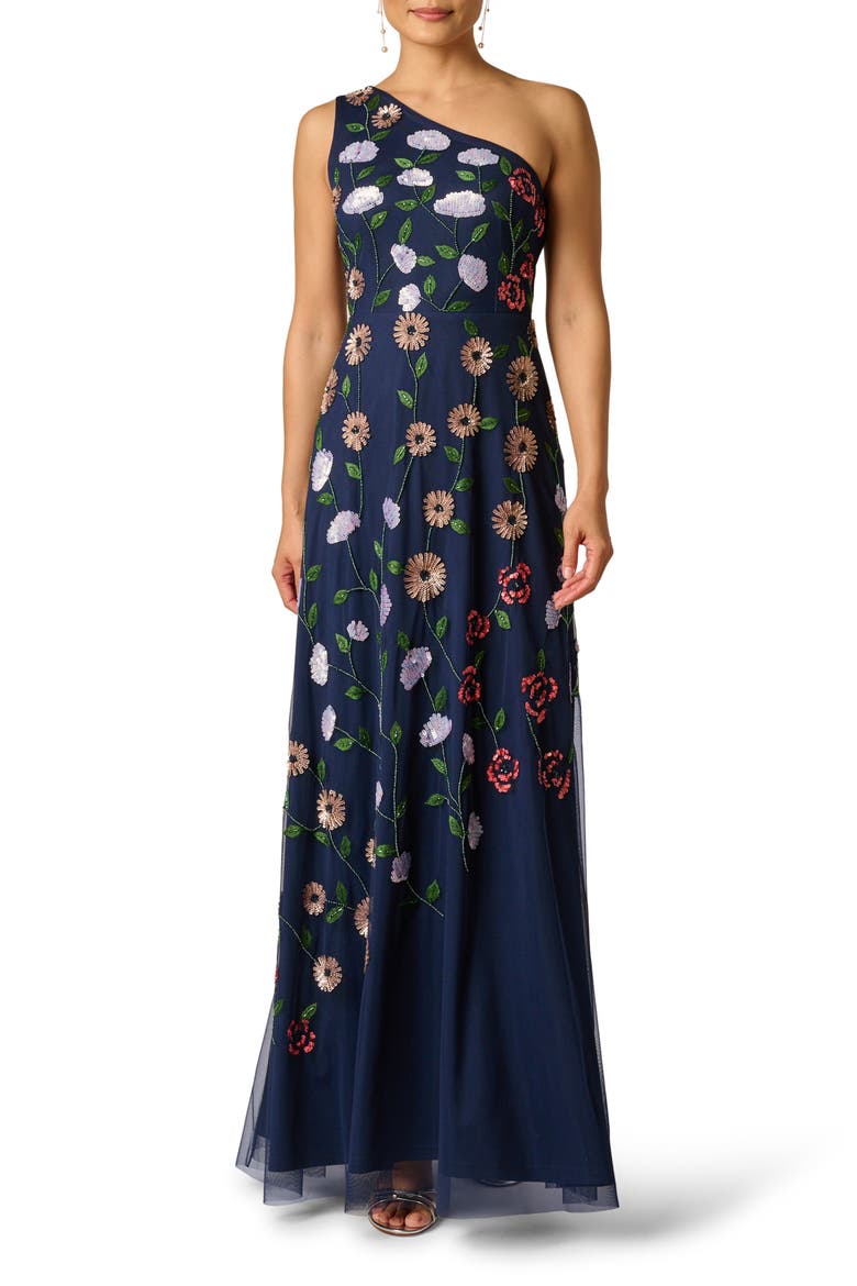 Beaded One-Shoulder Mesh Gown, Main, color, NAVY MULTI