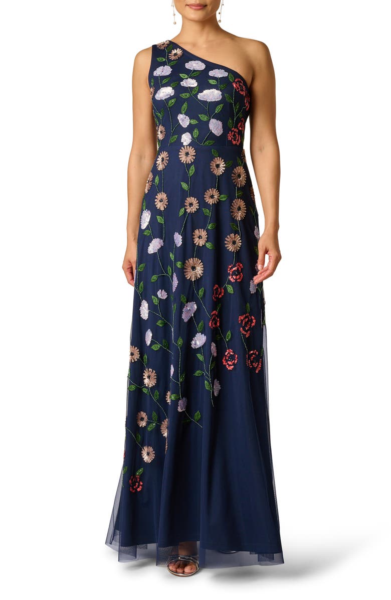 Adrianna Papell Beaded One-Shoulder Mesh Gown, Main, color, 