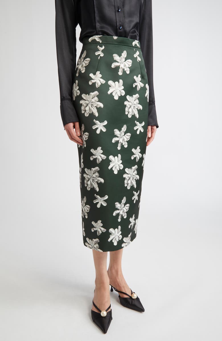 Emilia Wickstead Lorelei Floral Pencil Skirt, Main, color, Ivory Floral On Hunter Green