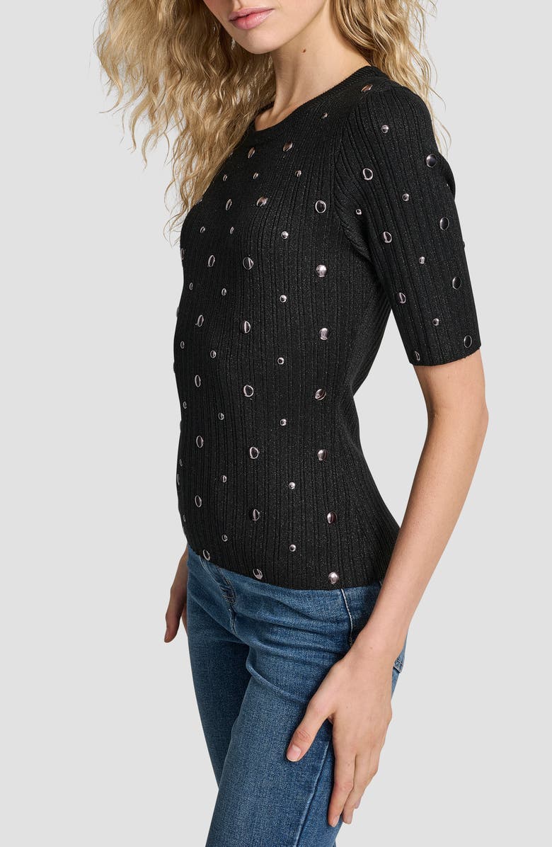 DKNY Studded Metallic Rib Short Sleeve Sweater, Alternate, color, Black
