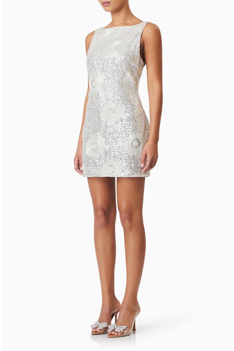 Caledonia Floral Embroidered Sequin Shift Dress, Alternate, color, SILVER